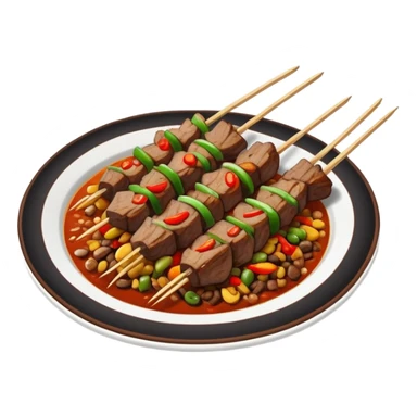 Xinjiang roasted lamb skewers with cumin and chili, simplified emoji style with bold outlines and bright colors, cartoon style Uyghur style Kawap sticker