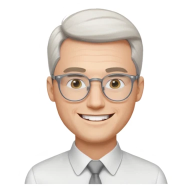 30 yr old pale white man, white/grey side swept stylish hair, round glasses, big smile, white teeth, handsome, longer hair, thin glasses, white dress shirt, smooth forehead, botox, no tie, open collar sticker