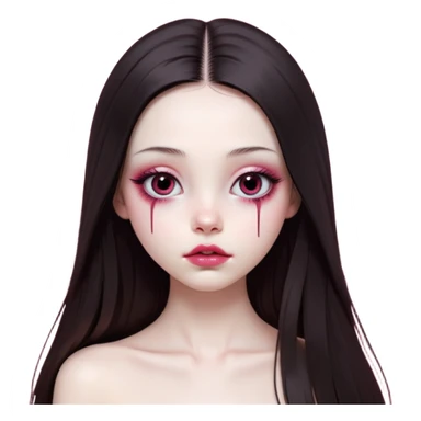 girl with white skin, dark brown long realistic straight hair with middle part prominently falling in front of her body over her shoulders, lips with reddish-pink shiny lip gloss and absolutely no cupid's bow, simple big round eyes with very black shiny eyeballs with no makeup at all, completely bare natural eyes, no colored eyelids, no eyeshadow, no eyeliner, natural eyelashes, light pink blush on cheeks, lighter button nose, exceptionally elongated very long oval-shaped face, wearing a pink off-shoulder top, looking directly at camera with hands down at sides sticker