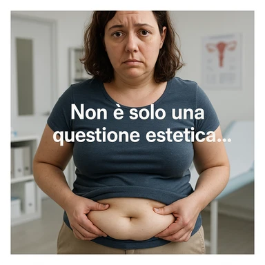 adult woman with PCOS, simple clothing, showing fat accumulation on belly, worried expression, clinical environment, Italian text: 'Non è solo una questione estetica…', realistic details, 4K quality sticker