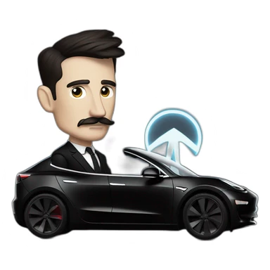 Nikola Tesla riding an all black Tesla Model 3, side view sticker