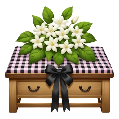 A lush bouquet of white color Jasmin black satin ribbon, resting on an antique wooden table, with a pale yellow and pink plaid pattern table cloth sticker