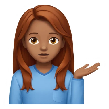 shrugging emoji brown eyed tween long auburn hair light blue shirt with a darker blue L sticker