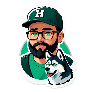 A bold man with a grey baseball cap, green eyes, big beard and glasses next to a husky dog sticker