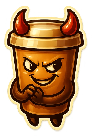 Tall coffee cup, devil horns, smirking, evil, rubbing hands together sticker
