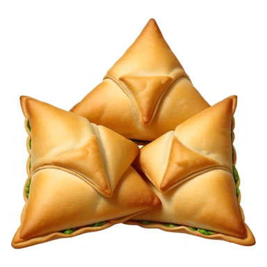 Cinematic Realistic Samosas Dish Emoji, depicted as golden, crispy pastry pockets filled with spiced vegetables rendered with detailed textures and appetizing lighting. sticker
