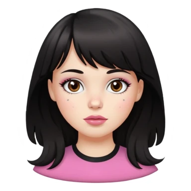 white girl, oval face, bangs and long black, slightly wavy hair. With round brown eyes, small and round nose, full and pink lips. Skin with some freckles. rock style sticker