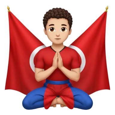 Brunette man clean shaven with slick back curly hair on his knees praying to an Albanian flag sticker