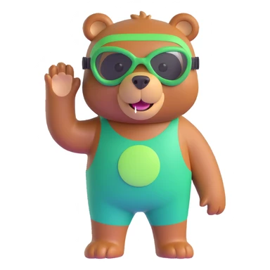 cute brown bear with a green snorkel mask, cheerful sticker