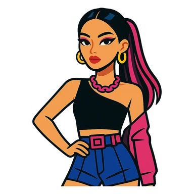 Blackpink-style K-pop avatar, bold makeup, trendy hair, fashionable outfit, confident pose sticker