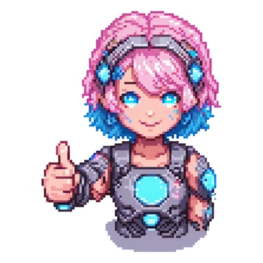 cyborg girl with pink hair giving a thumbs up, pixel art style, glowing blue eyes sticker