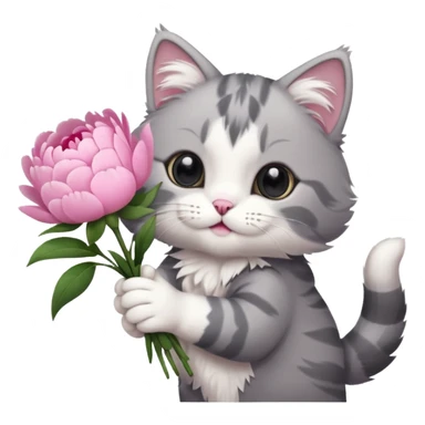 Cute cat Handing pink peonies like reaching a hand and handing them out a bouquet of them not a physical hand the cats hand  make the cat fluffy and grey and white  sticker