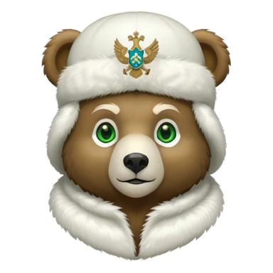 Cute stylized bear with green eyes, white fur hat with basic Russian coat of arms featuring double-headed eagle, minimalist iOS emoji style sticker