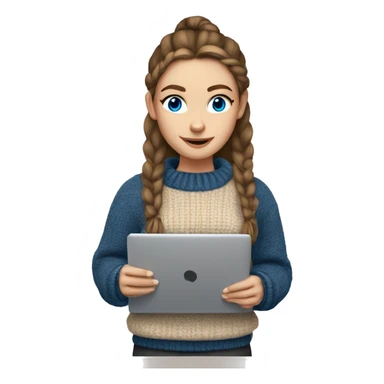caucasian white IT girl student, holding laptop, blue eyes, brown hair ponytail wearing a thick sweater sticker