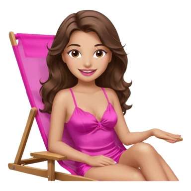 girl with long wavy brown hair, brown eyes, long lashes makeup, sexy pink lips, smiling, light to medium complexion, wearing a pink sexy silk top, relaxing in a beach chair  sticker