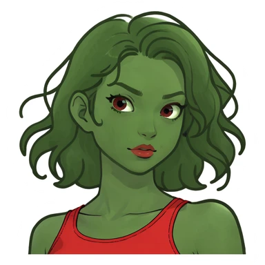 A girl with really wavy hair wearing a red crop top with red short shorts  sticker