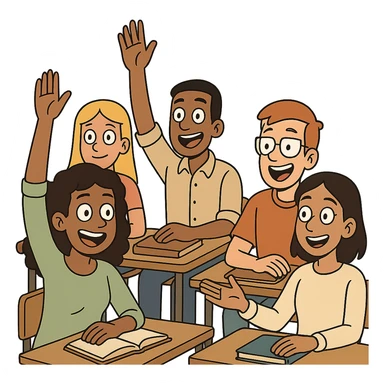 diverse group of student characters eagerly participating in a classroom discussion, expressive faces and gestures, friendly and inviting style sticker