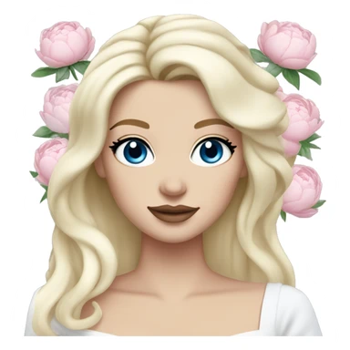 White bride with long light blonde hair and blue eyes with light pink peonies in hair white skin light pink lips sticker