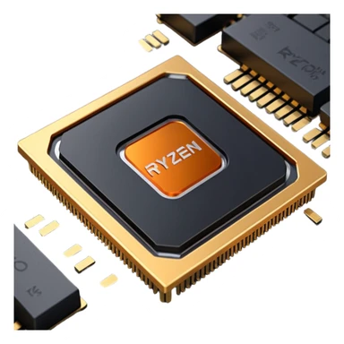 small modern computer chip with gold connectors, AMD Ryzen 7000 CPU sticker