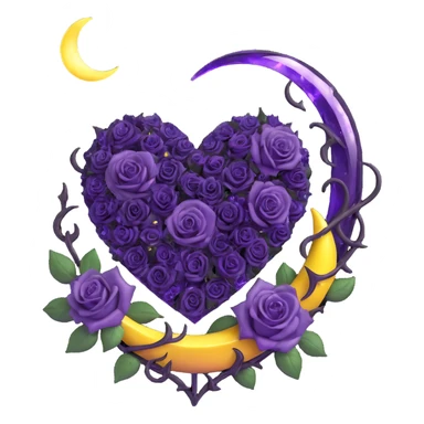 gothic heart, amethyst purple glass, silver crescent moon, deep violet roses, sparkling stardust, electric purple lightning, wet look, shattered glass texture sticker
