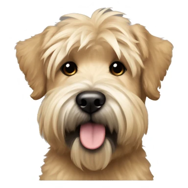 Wheaten terrier with a fluffy puppy haircut and black ears and chin sticker
