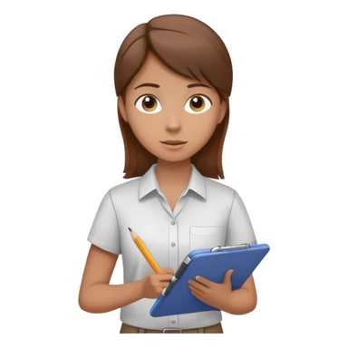 Intern or volunteer with brown hair holding a clipboard and pencil, ready to take notes or assist. The character wears a simple shirt and has an eager posture sticker