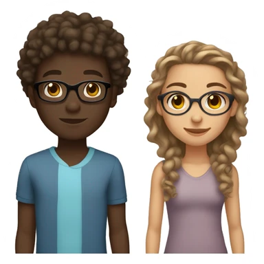 A light skinned girl with brown eyes, long straight light brown hair and glasses with a dark skinned boy with brown eyes and curly hair with no glasses sticker