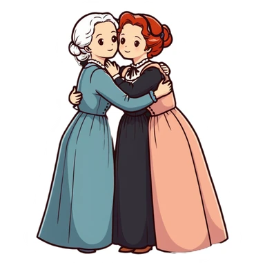 Two modest Victorian women hugging, one with white hair and one with copper red hair, wearing long Victorian dresses sticker