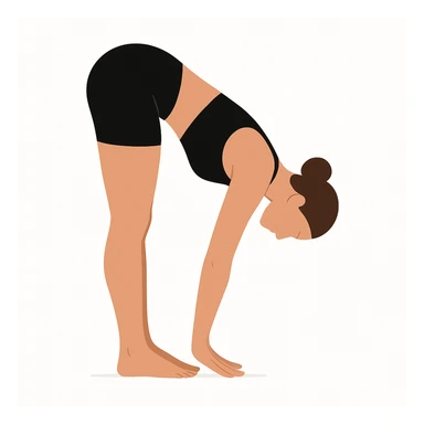 Minimalist flat vector illustration of a woman doing yoga in forward fold pose (Uttanasana), wearing sportswear (black top and black shorts), brown hair in a bun, clean white background, no face details, elegant style sticker