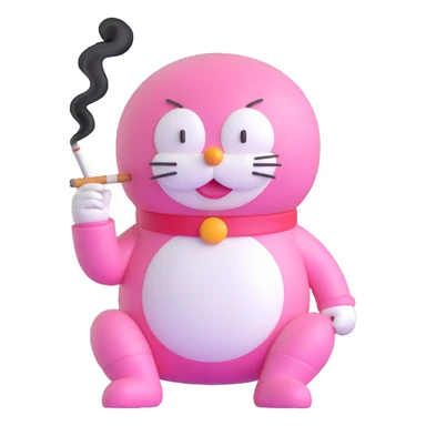 pink Doraemon smoking, relaxed pose, holding cigarette sticker