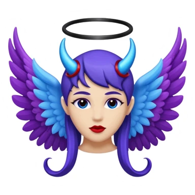 The letter o in black, purple Angel wings, red devil horns, and blue halo on top sticker