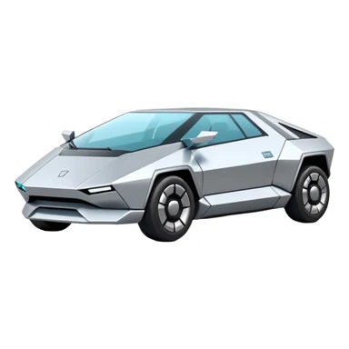 A futuristic chrome car emoji, sharp geometric body design inspired by cybertruck aesthetics, smooth silver metallic surface, matte and glossy chrome mix, minimal details, soft reflections, clean edges, iOS emoji style, centered, clean white background, soft studio lighting, no text sticker