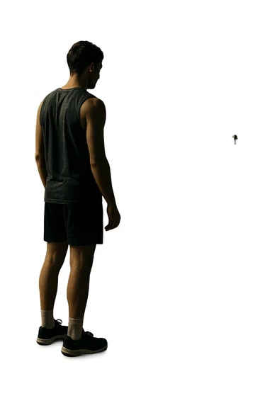 cinematic a person stands alone on a running track or in a fitness studio, glancing toward an empty coach’s chair or whistle hanging on a hook. The absence of the coach is emphasized by a faint, transparent silhouette or shadow where the coach should be. The atmosphere is quiet and a bit disheartened. in italiano sticker