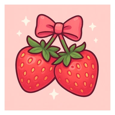 Two strawberries with a pink bow on the stem, vibrant colors, playful, with a light pink background and small white stars scattered around. sticker