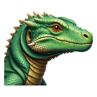 Cinematic Noble Komodo Dragon Lizard Portrait Emoji, Poised and regal, with a rugged, scaled body and powerful stance, deep-set intense eyes and textured, weathered skin, Simplified yet sharp and sophisticated features, highly detailed, glowing with a soft, ancient glow, high shine, intelligent and formidable, stylized with an air of primordial authority, focused and commanding, soft glowing outline, capturing the essence of a watchful and confident guardian that appears ready to stride out of the screen with timeless power! sticker