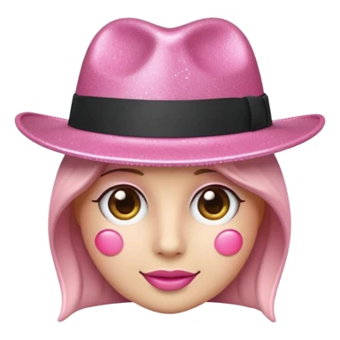 Pink glitter fedora hat,
Apple iPhone emoji style,
3D smooth glossy plastic material,
rounded proportions,
minimal design,
subtle stylized sparkle effect,
soft shadow underneath,
clean white background,
high resolution,
official iOS emoji aesthetic sticker