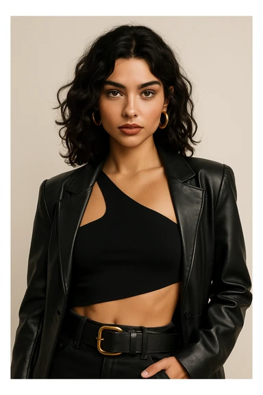 baddie with wavy dark hair, hazel eyes, small nose, hoop earrings, trendy outfit sticker