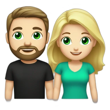 A happy couple, blond chubby girl with blue eyes and black haired and bearded man with green eyes. The man wears a black t-shirt sticker