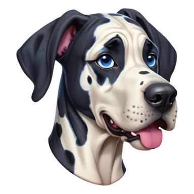 Cinematic Comical Harlequin Great Dane Portrait Emoji, Head tilted dramatically with an exaggeratedly shocked or amused expression, featuring a striking coat of predominantly white with vivid black patches, wide, expressive blue eyes filled with playful disbelief, Simplified yet hilariously expressive features, highly detailed, glowing with a slightly sassy glow, high shine, dramatic yet playful, stylized with an air of cheeky charm, bright and endearing, soft glowing outline, capturing the essence of a spirited and over-the-top guardian, so meme-worthy it feels like it could side-eye its way into internet fame instantly! sticker