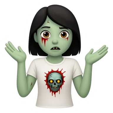Create an image of a zombie girl with black hair wearing a white t-shirt, minimal blood, in the style of Apple emojis, with no background, in a different pose. sticker
