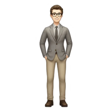 Full height Pale skinned Fit Man With dark brown hair in gray classic jacket, beige office shirt, Brown pants and vintage glasses. Thrumbs of his palms upwards sticker