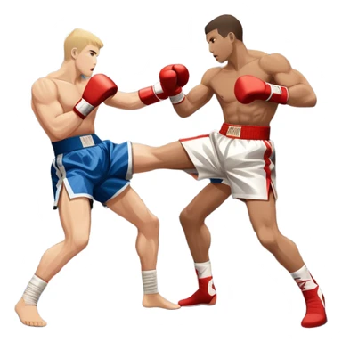 An icon symbolizing kickboxing, featuring two fighters in the ring. One throws a powerful high kick, while the other counters with a punch. The background shows a boxing ring with ropes and a crowd in the distance. Transparent background emphasizes the dynamic energy sticker