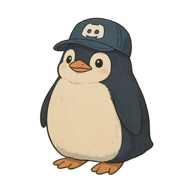ghibli style penguin with a Discord hat sticker