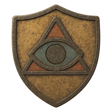 Make the shield with the Eye of Ibad look more ancient, with weathered metal, faded paint, and worn details, keeping the background transparent. sticker