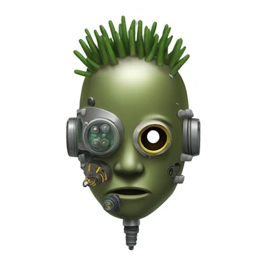 Olive green mohawk cyborg head with respirator mask and circuits sticker