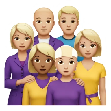 5 person team; 2 men and 3 women.  All dressed in yellow or purple.  1 caucasian woman with blonde mid length hair. 1 caucasian woman with blonde short length hair. 1 caucasian woman has ash blonde hair tied up. 1 man is African-american and bald, 1 man is caucasian and very little hair left.  
 sticker