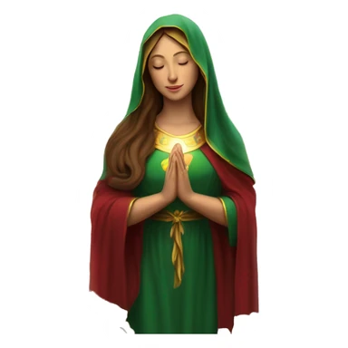 Virgin Mary: kind face looking down at the left, long brown hair, Wearing an emerald green  robe with gold stars and a burgundy red dress,  Hands in prayer or blessing. Halo around her head. standing in front of a big sun. colorful roses on the sides  sticker