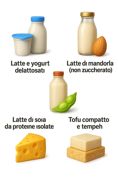 emoji stile iphone 3d di questi elementi che fluttuano in aria:

Latte e yogurt delattosati
Latte di mandorla (non zuccherato)
Latte di soia da proteine isolate
Formaggi stagionati (es. parmigiano)
Tofu compatto e tempeh
 che fluttuano in aria,  le etichette scrivile in italiano, iperealistico 4k sticker