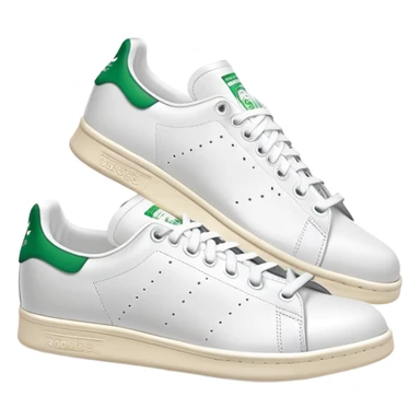 A pair of white Adidas Stan Smith sneakers arranged with one shoe behind the other, white leather with green heel tabs, classic design, both shoes visible sticker