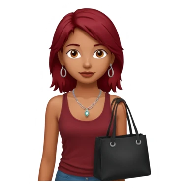 a pretty tan indian bratz girl with messy dark red hair, wearing a dark red tank top, layered silver necklaces. Carrying a black tote bag sticker